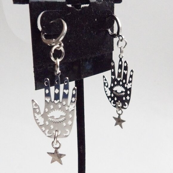 Hand of Fate Evil Eye Protection Dangle Earrings Silver Tone Hamsa Style NEW - Picture 2 of 7